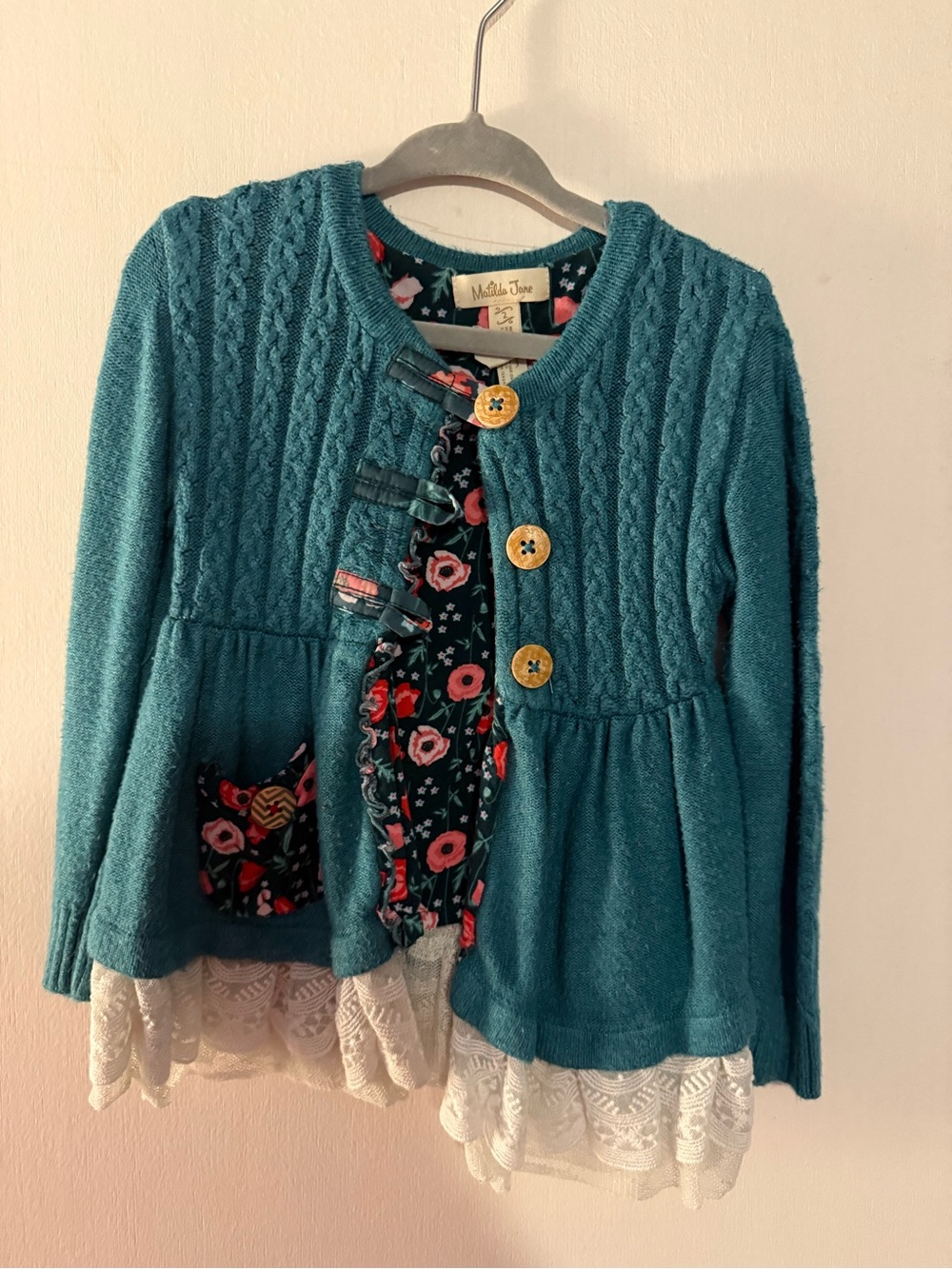 Matilda Jane Teal Cable-Knit Cardigan with Floral Trim and Lace